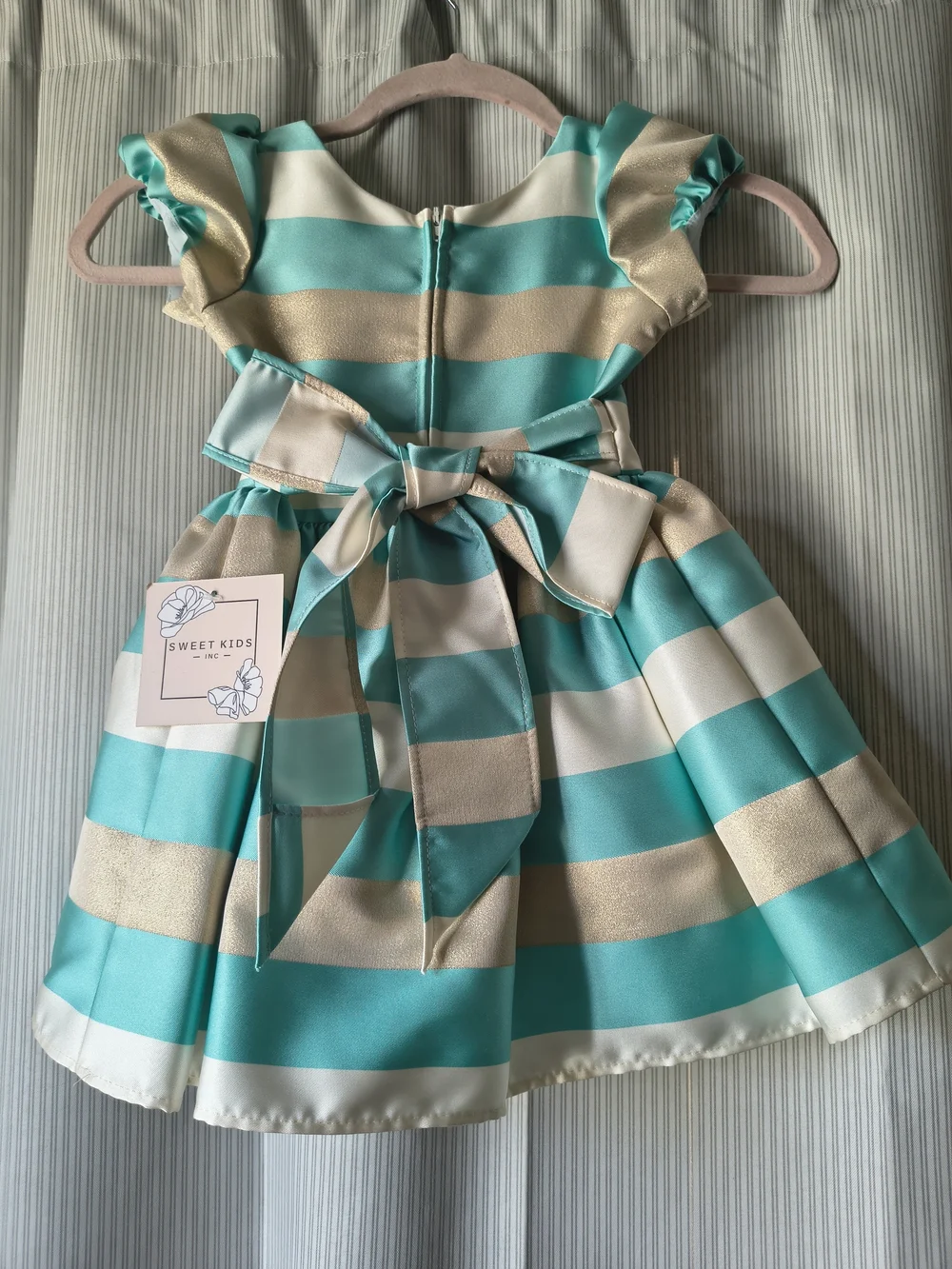 Girls Teal and Cream Striped Party Dress with Bow Size 3